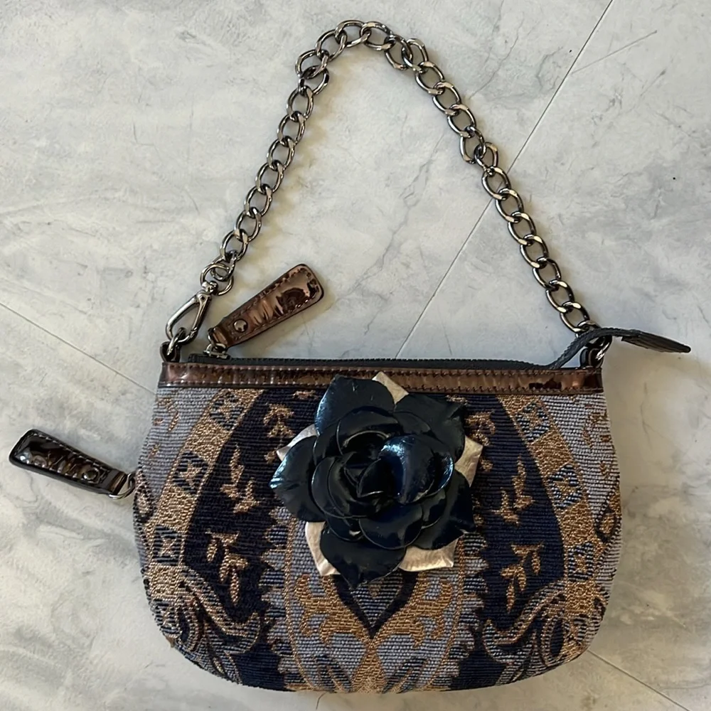 Sharif Tapestry Satchel navy/gold expanding bottom velvety gunmetal NWOT
